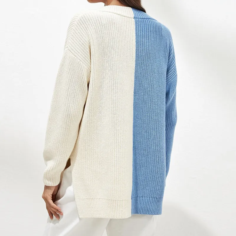 Patchwork V-Neck Loose Knit Woman