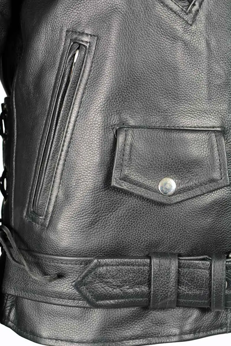 Leather LKL2700 Women's Classic Black Premium Leather Motorcycle Vintage Jacket with Side Laces