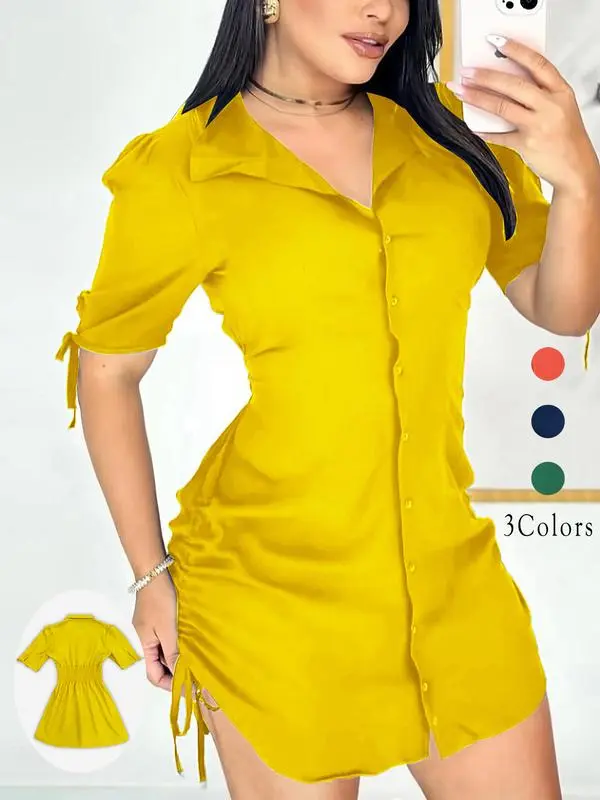 Women's Shirt Collar Dress – Curved Hem & Button Detail