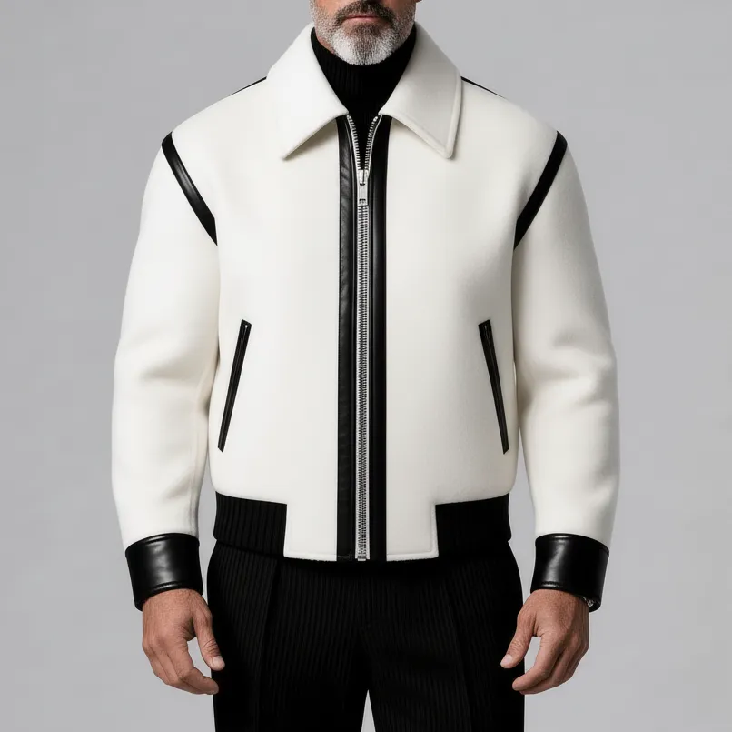 Men's White Contrast Black PU Leather Trim Shirt Collar Long Sleeve Pocket Zip Up Jacket