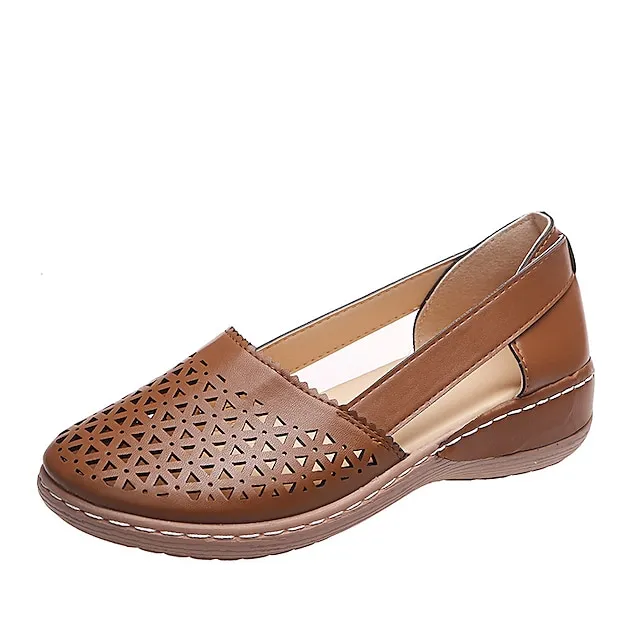 Women's Sandals Wedge Sandals Comfort Shoes Plus Size Outdoor Work Daily Summer Hollow Out Flat Heel Round Toe Classic Casual Minimalism Walking Shoes Faux Leather Loafer Solid Color Solid Colored