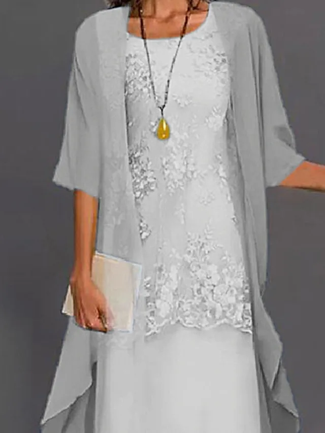Women's Dress Set Lace Dress Midi Dress Light Blue Green Gray Half Sleeve Floral Embroidered Layered Patchwork Summer Spring Fall Crew Neck Elegant Chinoiserie 2023 M L XL XXL XXXL 4XL 5XL
