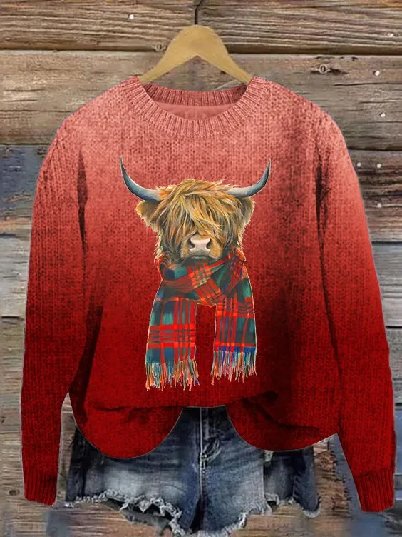 Women's Cute Highland Cow Print Knitted Crew Neck Sweater