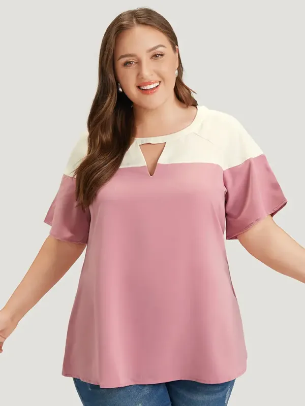 Anti-Wrinkle Two Tone Keyhole Raglan Sleeve Blouse