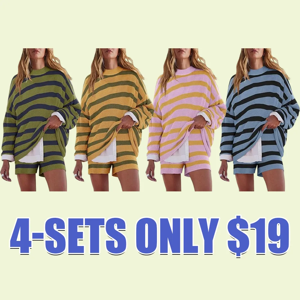 Womens Oversized Lounge Sets 2 Piece Outfits Striped Matching Pajama Set Long Sleeve Sweater Set