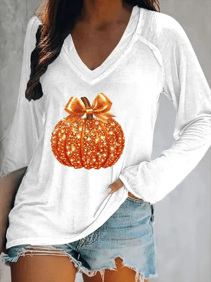 Women's Autumn Sequin Pumpkin Print V-Neck T-Shirt