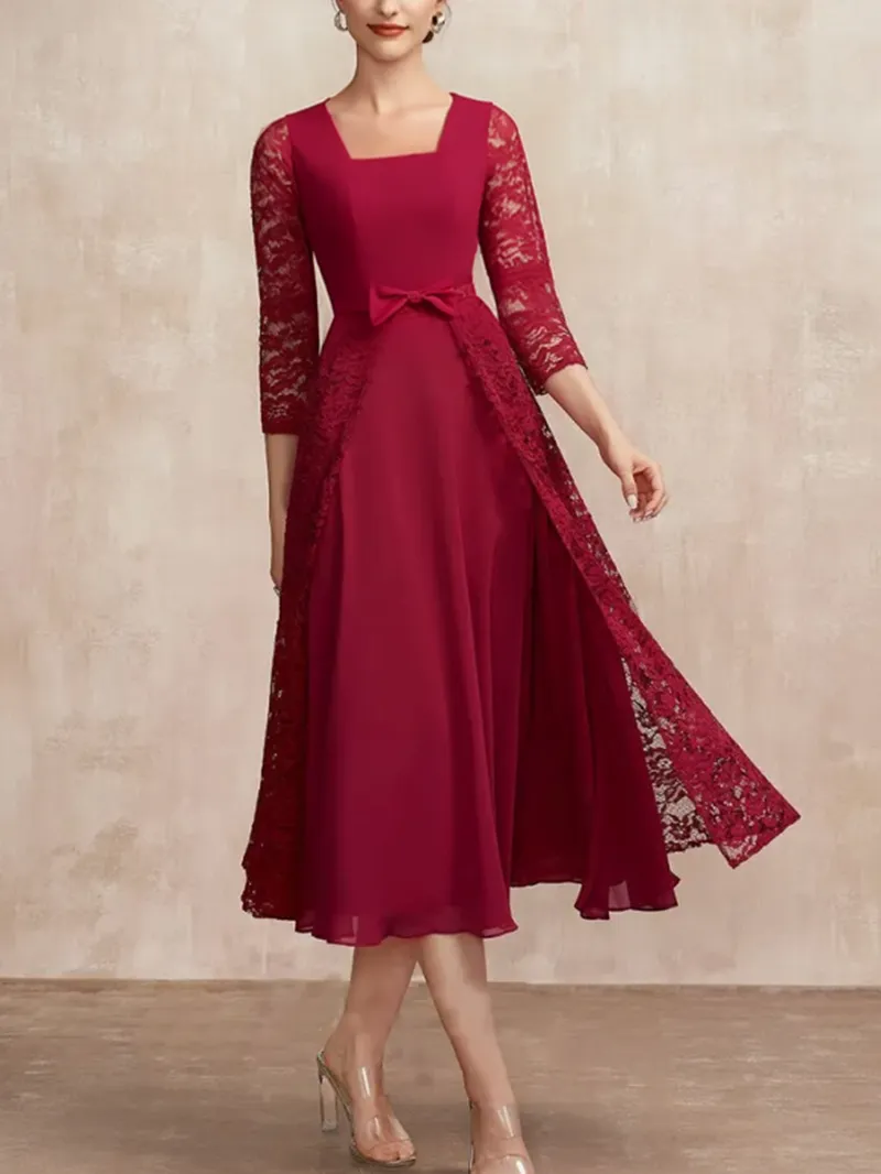 Square Neck Lace Panel Long Dress