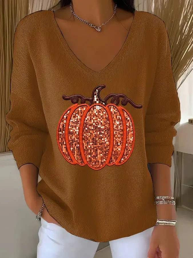 Women'S Retro Autumn Pumpkin Print T-Shirt