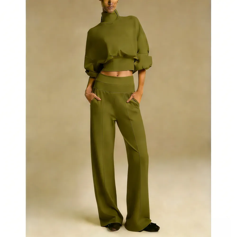 Turtleneck Puff-Sleeve Crop Top & Wide-Leg Pants Set