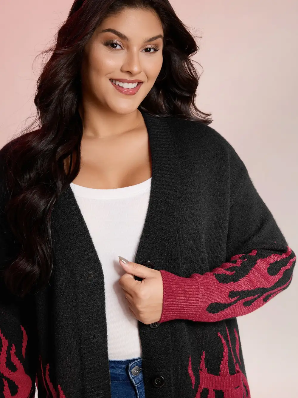 Flame Pattern Ribbed Hem Pockets Knit Cardigan