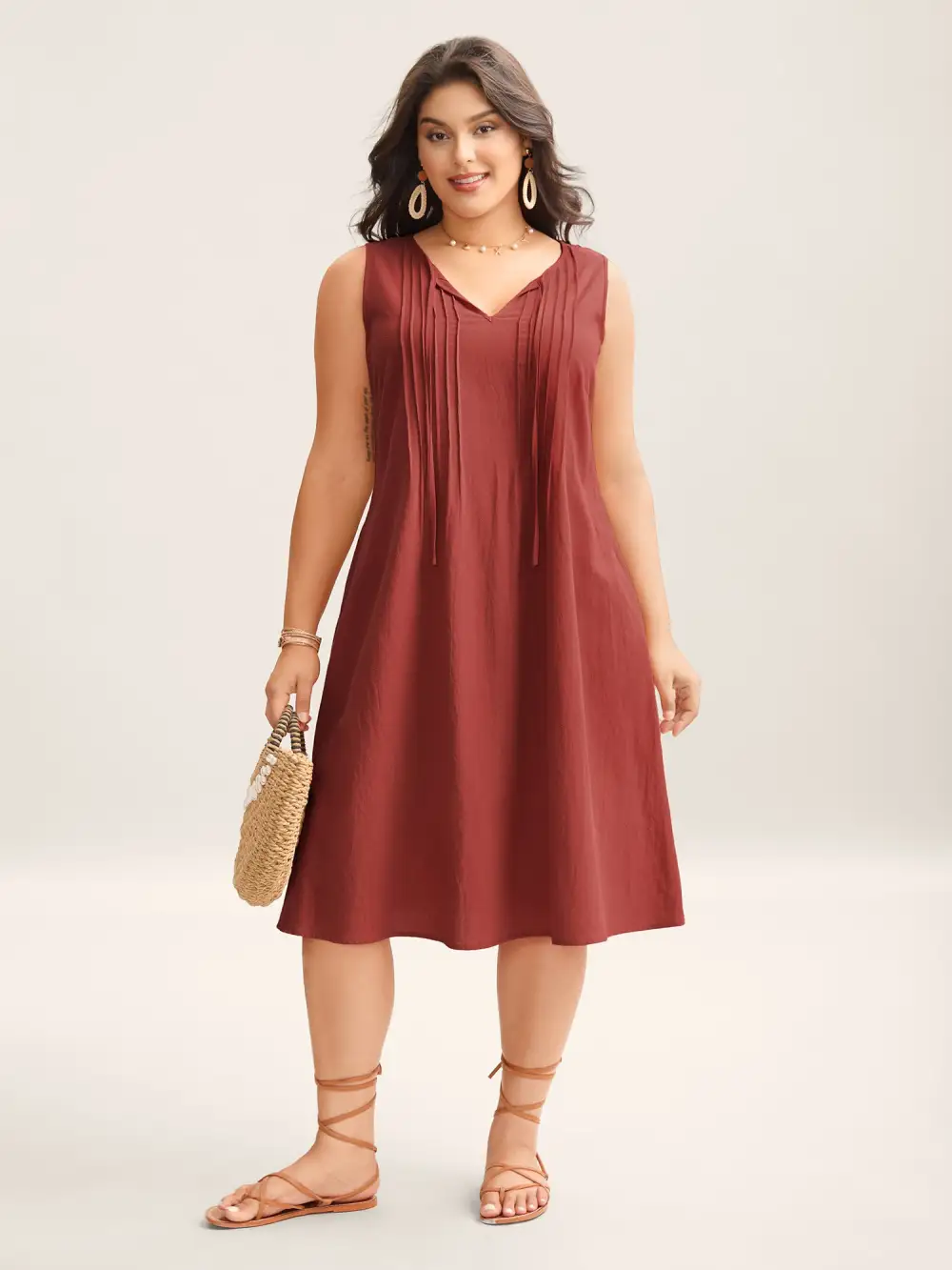 Cotton Toothpick Pleat Plain Midi Dress