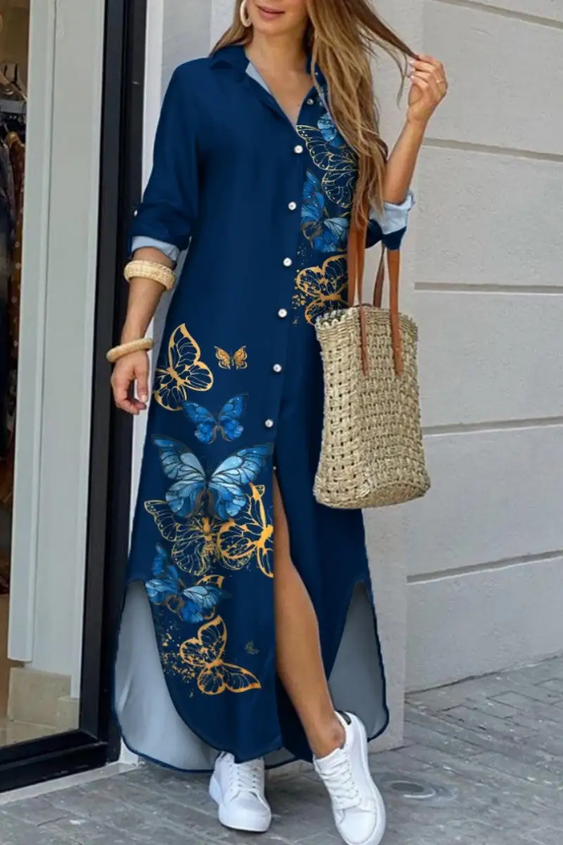 Casual Butterfly Print Patchwork Turndown Collar Shirt Dress Dresses