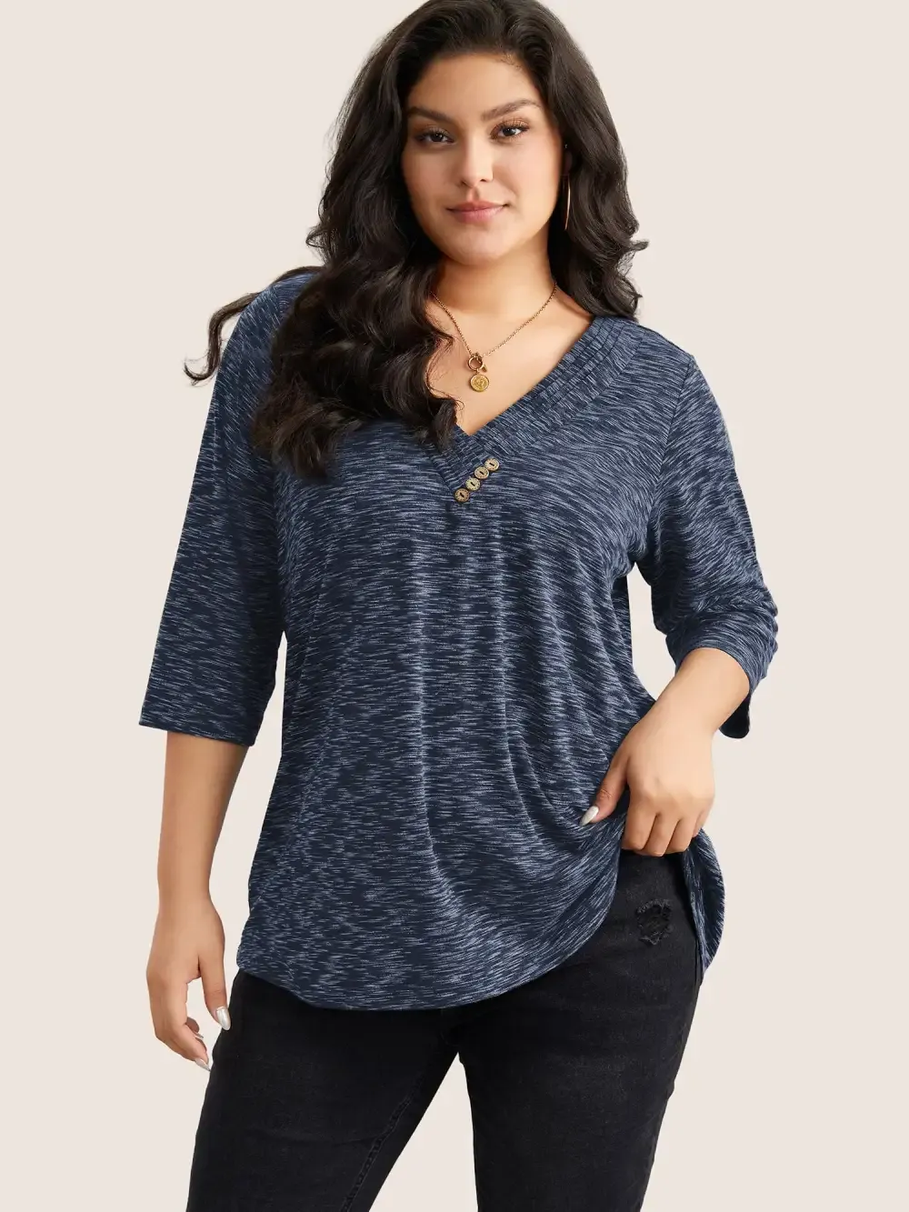 Heather Pleated Button Detail T-Shirt