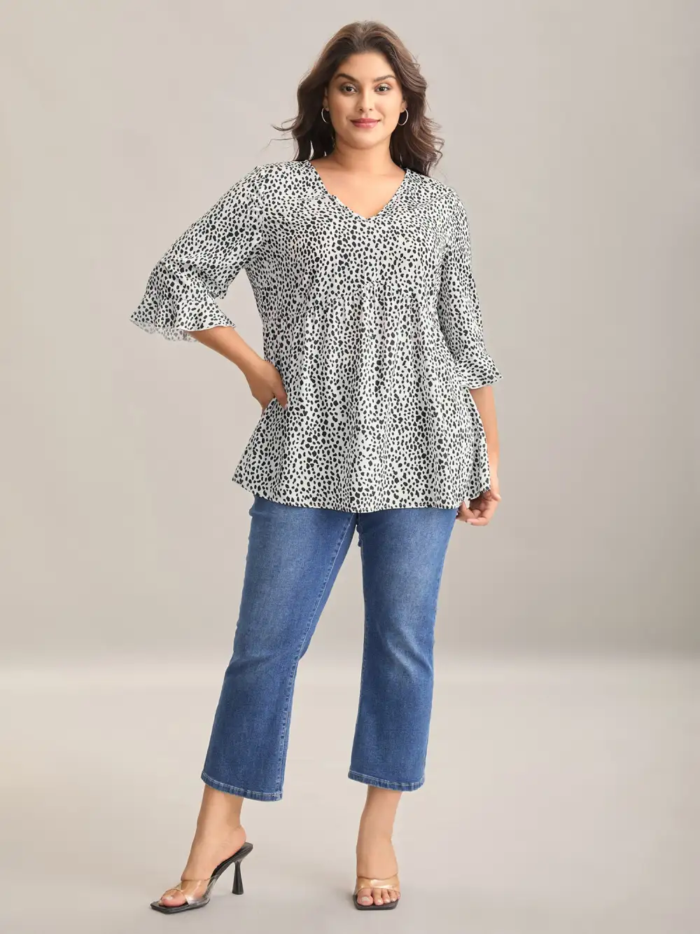 Leopard Print Ruffled Detail V-Neck Blouse