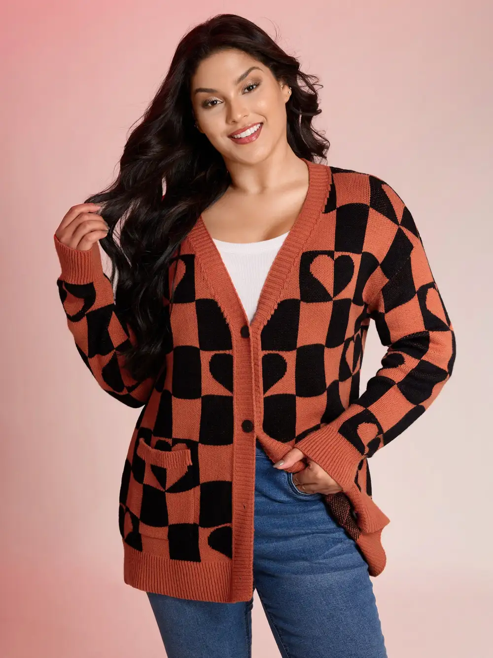 Supersoft Checkered Hearts Stretchy Knit Cardigan