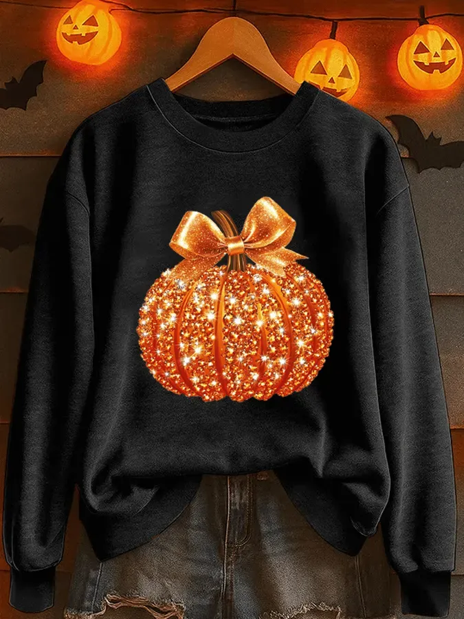 Women's Sequin Pumpkin Print Crew Neck Sweatshirt