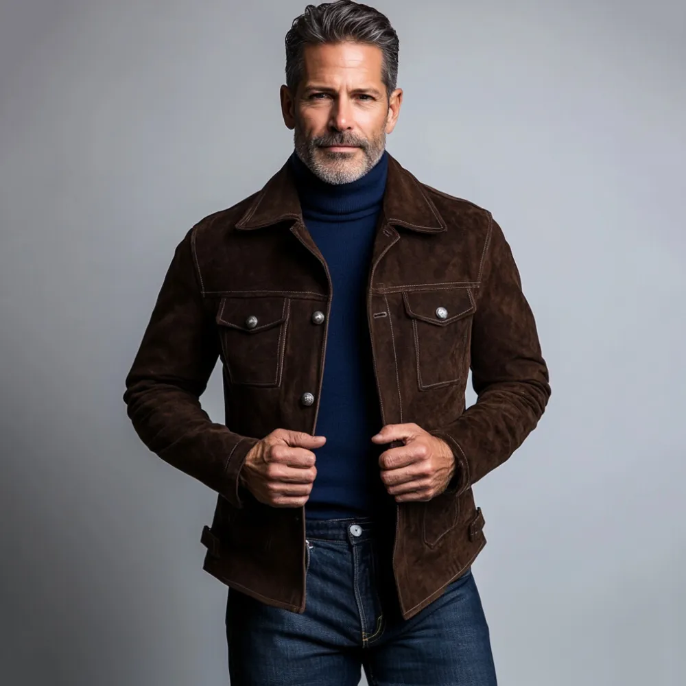 Men's Single Breasted Long Sleeve PU Leather Jacket