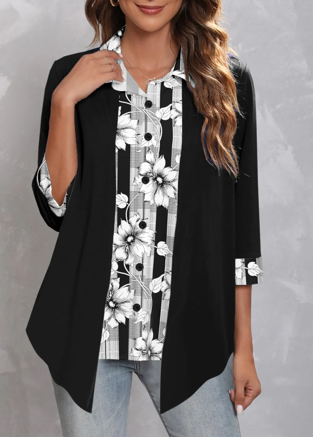 Black Fake 2in1 Floral Print Blouse