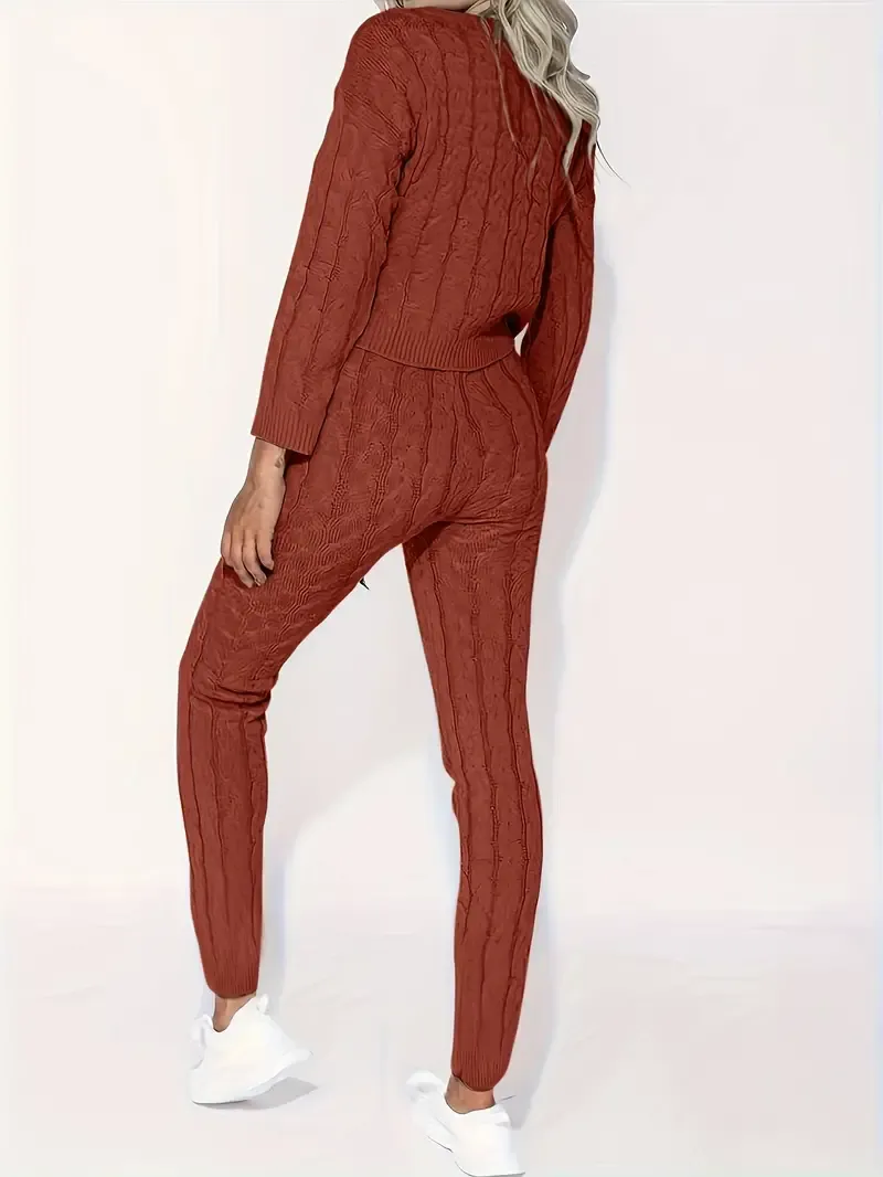 Solid Knitted Matching Two-piece Set, Casual Long Sleeve Sweater & Pants Outfits, Women's Clothing
