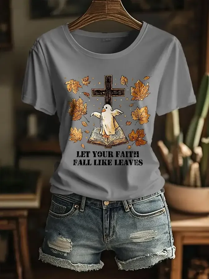 Women's Fall For Jesus He Never Leaves Print T-Shirt