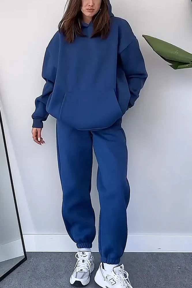 Women's Solid Hooded Sweatshirt and Pants 2-Piece Set