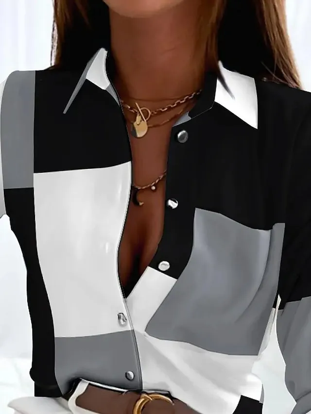 Women's Shirt Blouse Black Gray Color Block Button Print Long Sleeve Casual Basic Shirt Collar Regular Fit Spring Fall