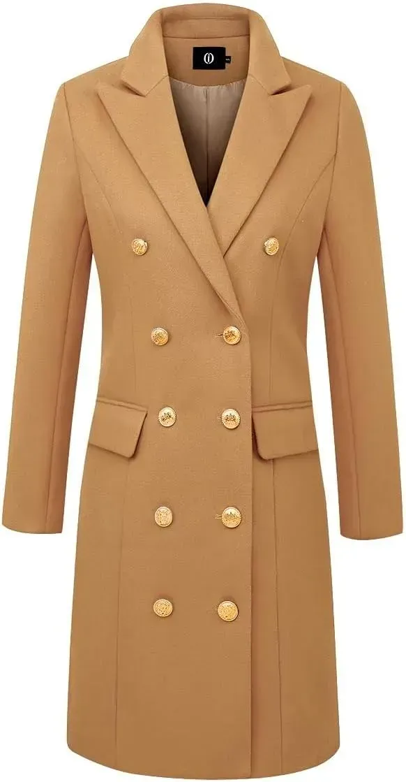 Womens Fall Winter Wool Coats Double Breasted Midi Peacoat Trench Coats
