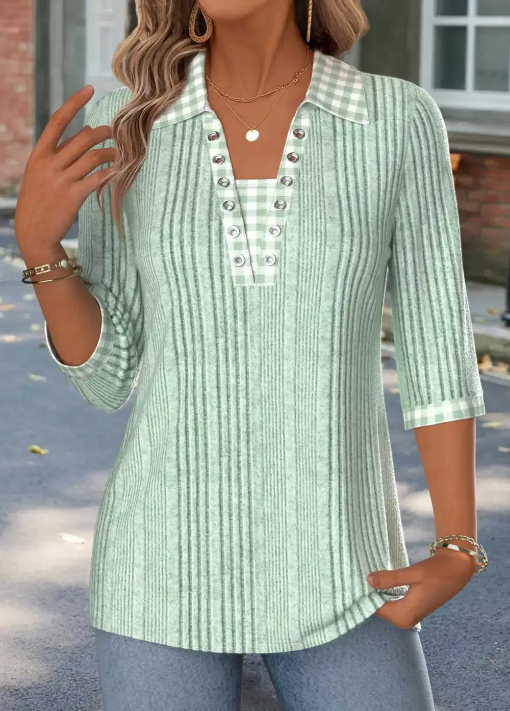 Sage Green Gingham Print 3/4 Sleeve T Shirt