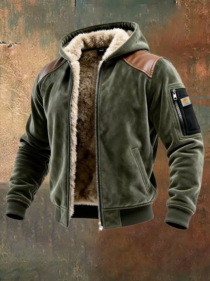 Men's Vintage Suede Zipper Pocket Outdoor Hooded Jacket