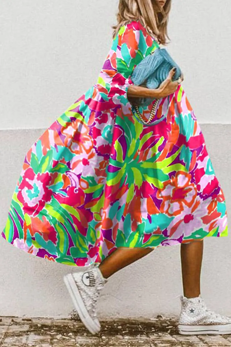 Casual Print Patchwork Turndown Collar Cake Skirt Dresses(11 Colors)