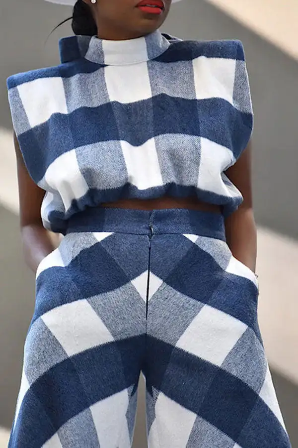 Checked Unusual Bow Tie Wide Leg Pant Suit