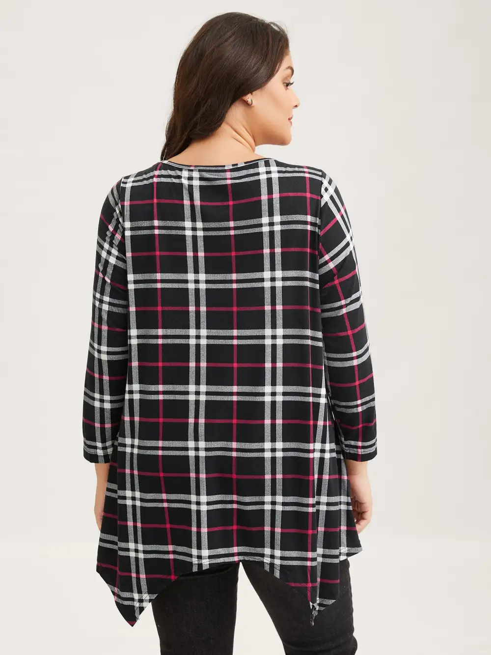 Plaid Asymmetrical Hem Pocket T-shirt