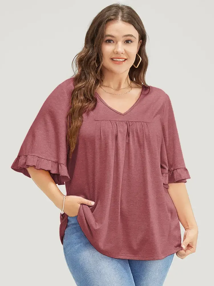 Solid Gathered Ruffle Trim Flounce Sleeve T-shirt