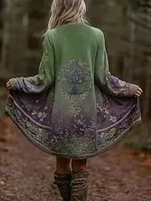 Women's Winter Coat Trench Coat Lightweight Comfortable Print Open Front Vintage Fashion Casual Floral Vacation Casual Long Collarless Regular Fit Long Sleeve Outerwear Green Spring Fall