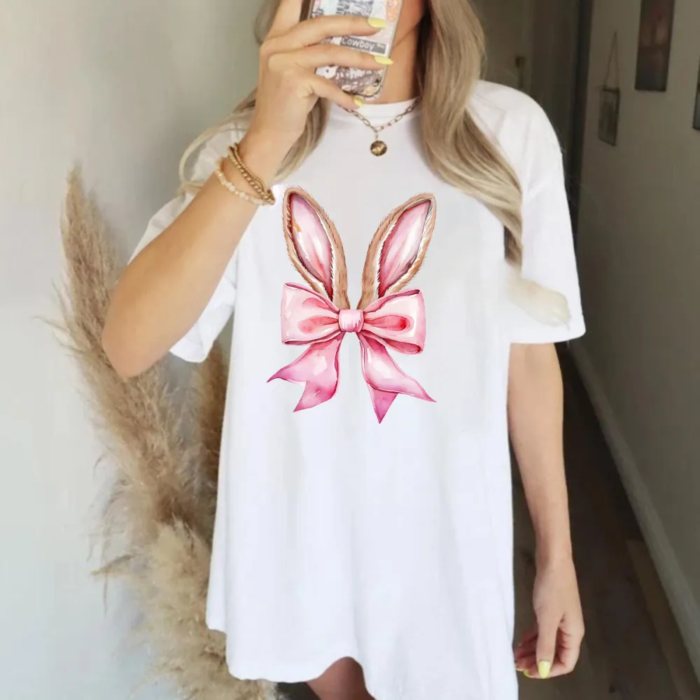A Cartoon Pink Bunny Ears And Pink Bow Combination Pattern, Cute, Casual T-Shirt