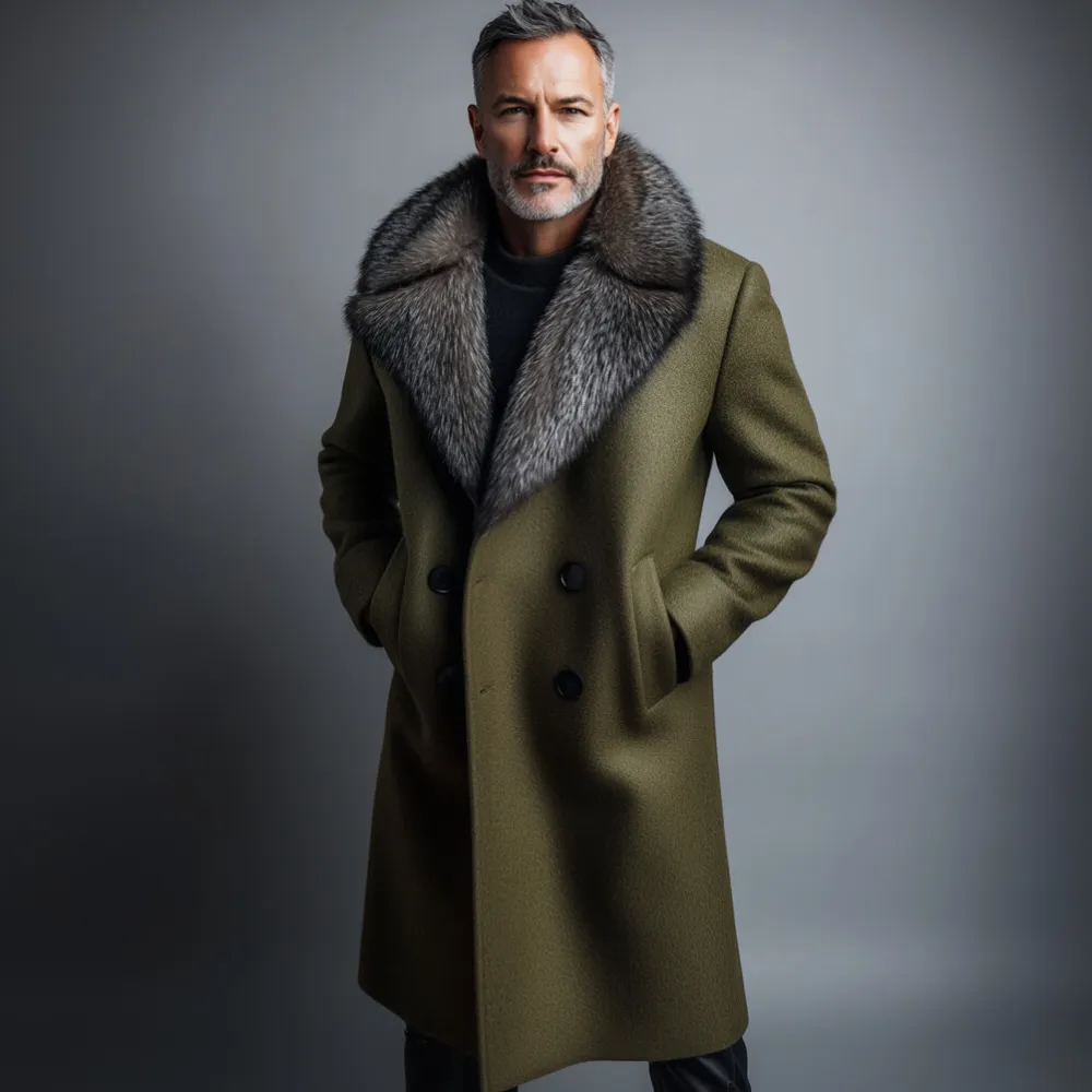 Men's Plush Lapel Collar Double Breasted Pocket Mid-Length Overcoat