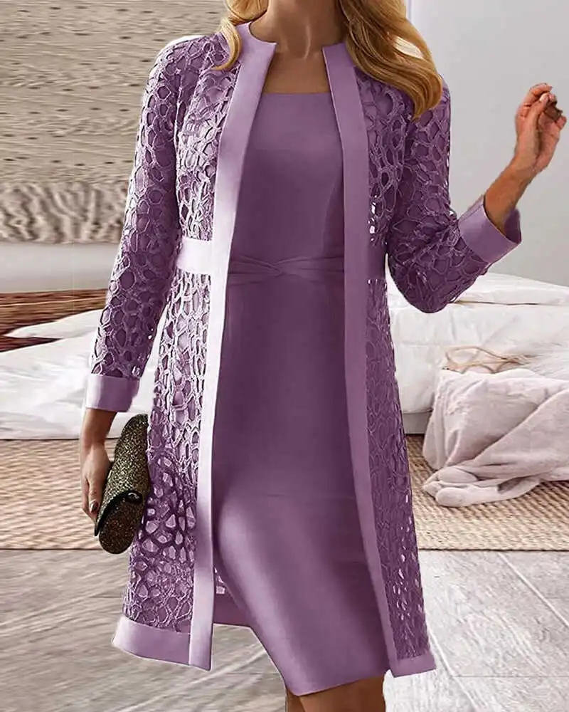 Women's Solid Color Casual Lace Cardigan Dress Two Piece Sets