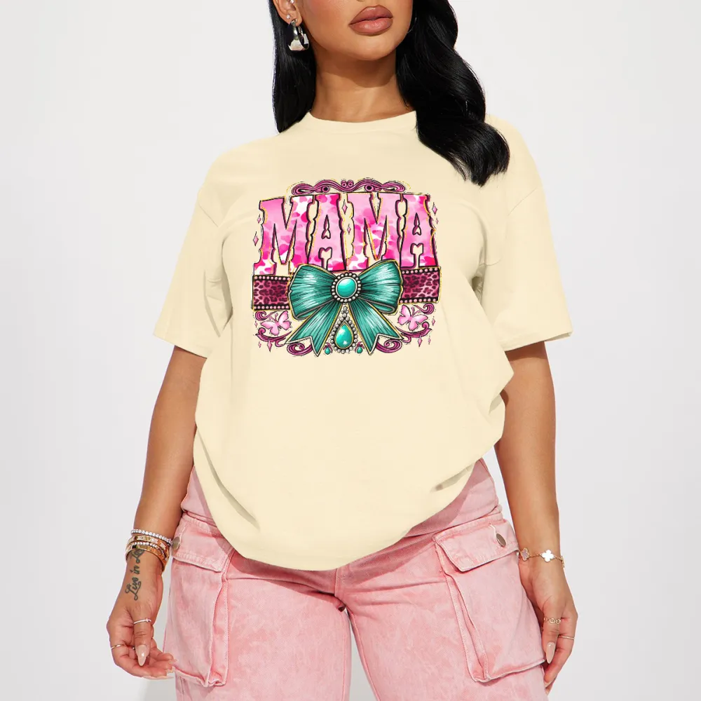 Pink Capital Letters “MAMA” Slogan And A Teal Bow, Jewel Decoration, Surrounded By Pink Flowers And Stripes Decorative Band Monogram, Casual T-Shirt.