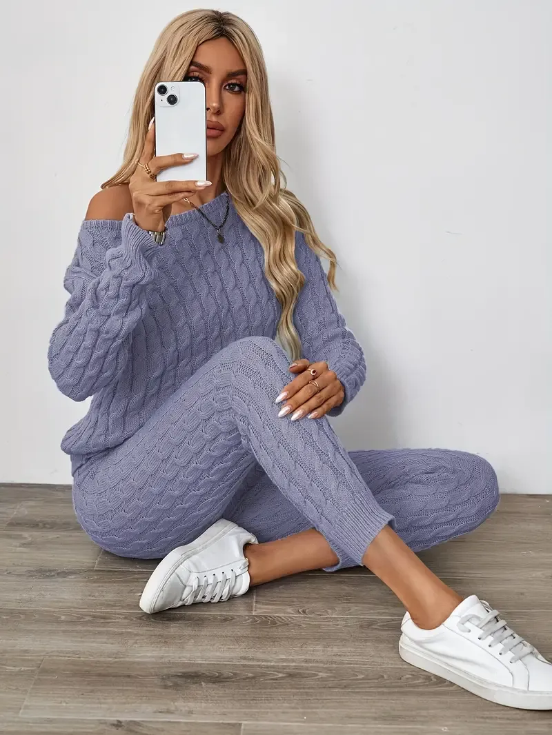 Solid Knitted Matching Two-piece Set, Casual Long Sleeve Sweater & Pants Outfits, Women's Clothing