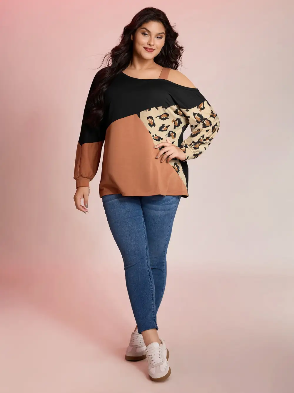 Leopard Print Colorblock One-Shoulder Sweatshirt