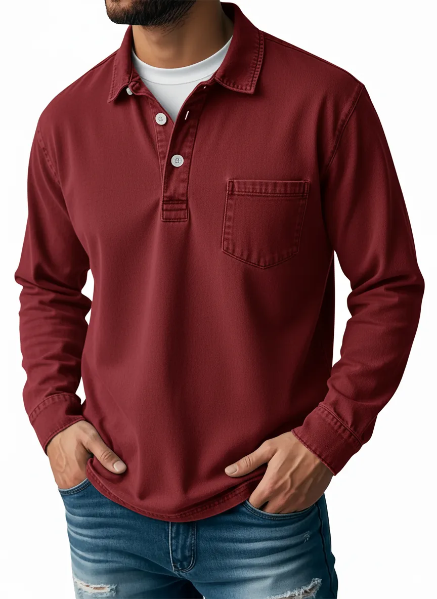 Men's Retro Lapel Button Pocket Casual Long Sleeve POLO Shirt
