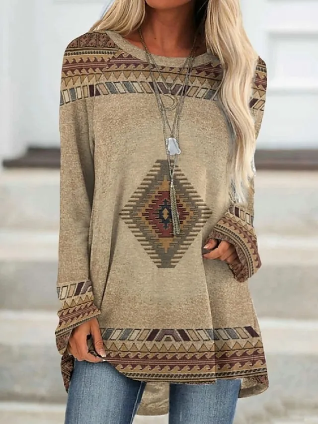 Women's T shirt Tee Burgundy Tee Tunic Shirts Marron Yellow Light Green Geometric Plaid Print Long Sleeve Casual Vintage Tunic Ethnic Round Neck Regular Fit Bohemian Theme Geometric Plus Size Fall