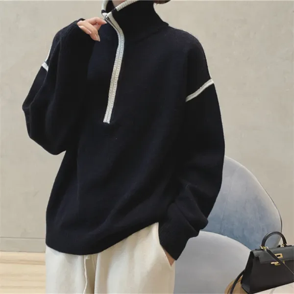 Stand Collar Zip Colorblock Loose Fashion Sweater