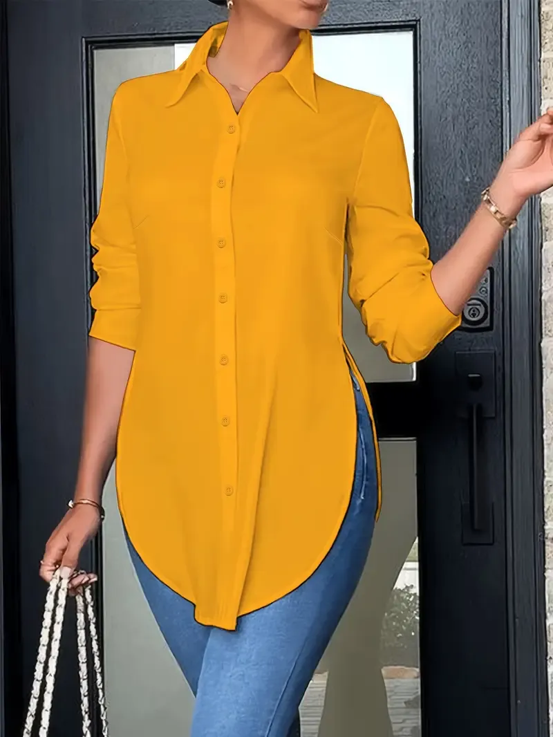 Women's Long Sleeve Shirt - Split Button Front, Casual Curved Hem