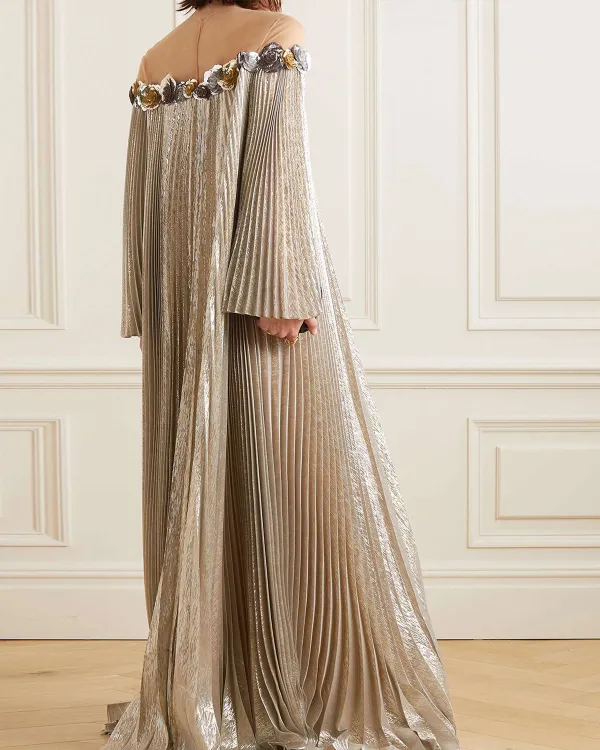 Embellished Metallic Plissé-Lamé Gown