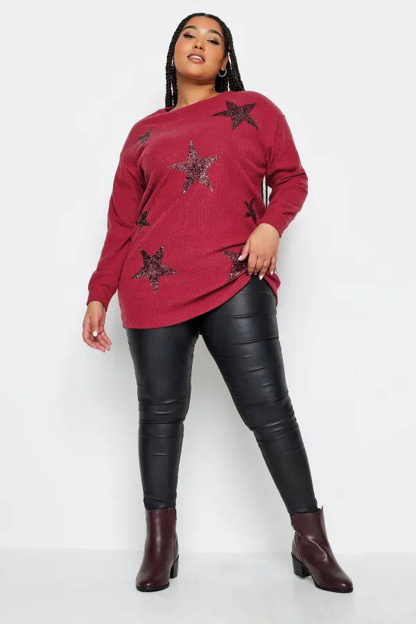 YOURS Curve Red Sequin Star Soft Touch Top