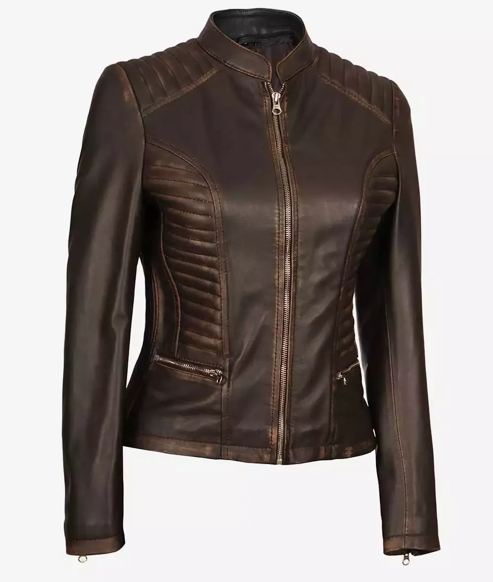 Womens Slim Fit Ruboff Brown Leather Jacket