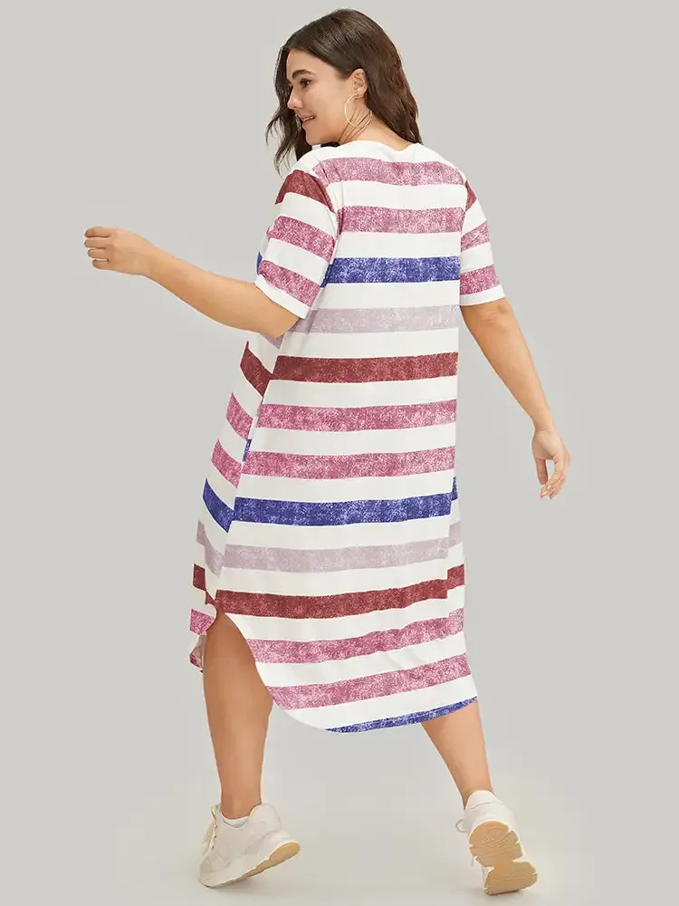 Striped Contrast Arc Hem V Neck Pocket Dress