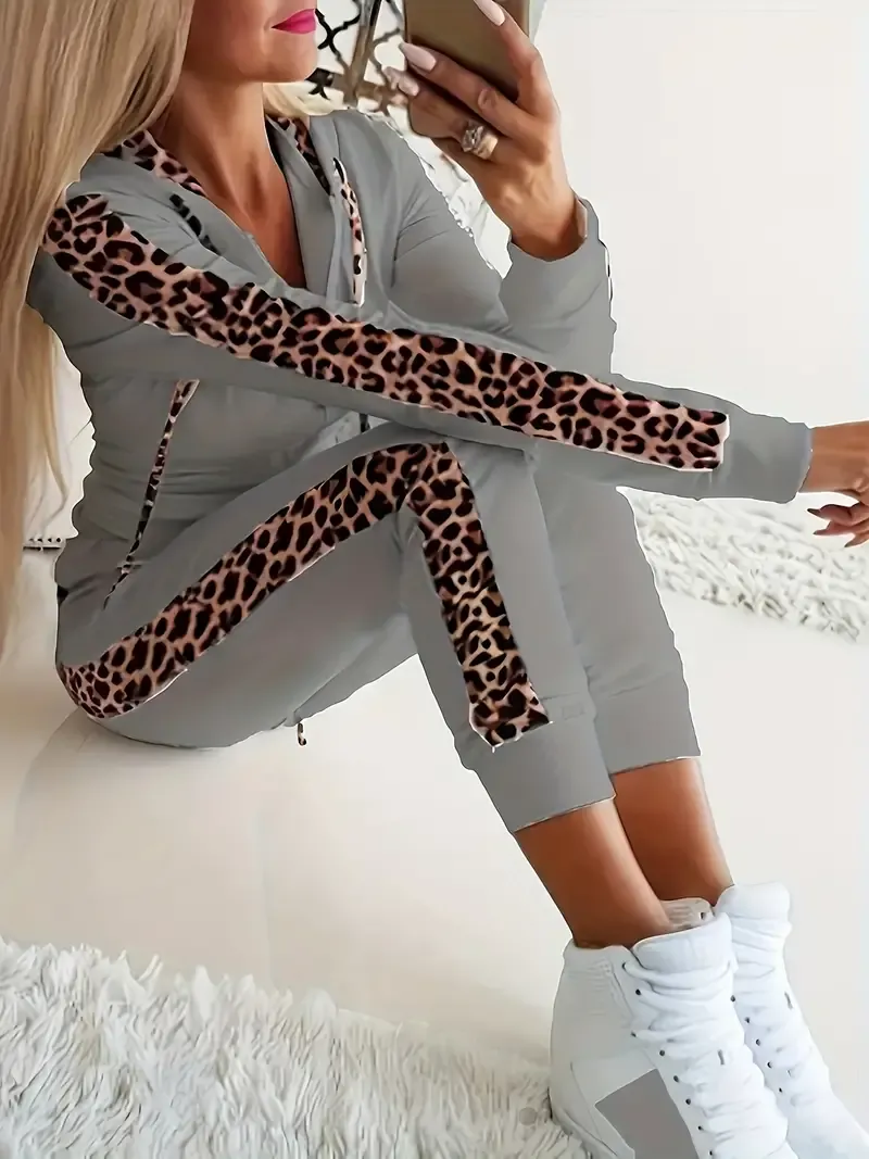 leopard Print Chic Two-piece Outfit Set - Stylish Zip Hoodie & Drawstring Joggers - Casual Everyday Wear for Women