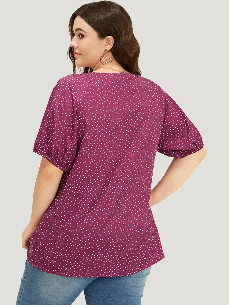 Polka Dot Pleated Round Neck Puff Sleeve Blouse